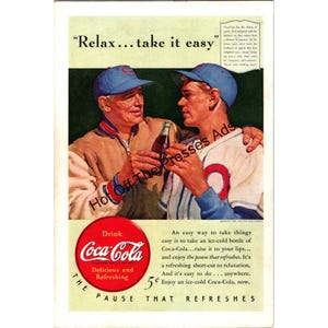 Vintage 1940 Coca-Cola Baseball Advertisement – “Relax… Take It Easy”