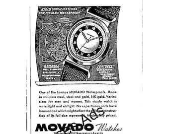 1940s Movado Waterproof Watch Vintage Print Ad – 14K Gold & Stainless Steel Models