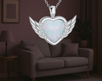 Angel Wings Heart Necklace 925 Sterling Silver Opal Jewelry Necklace For Women
