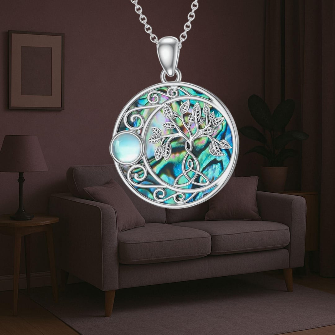 Celtic Knot Tree of Life Moonstone Necklace Abalone Shell 925 Sterling ...