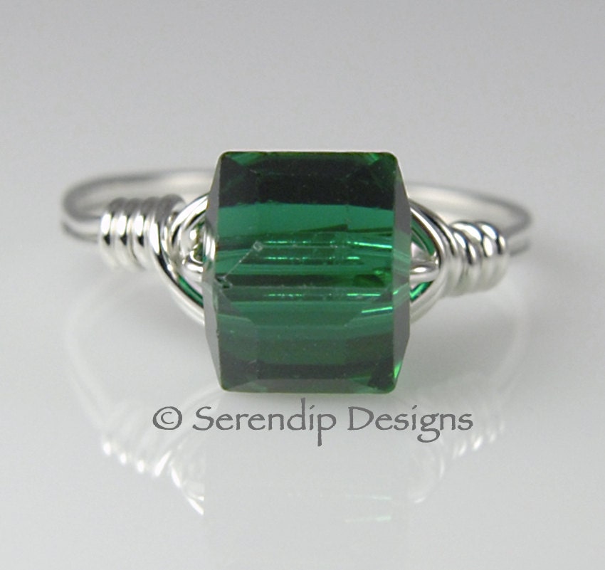 Emerald Crystal Cube Ring, Swarovski Argentium Sterling