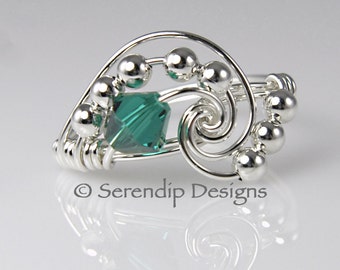 May Birthstone Ring, Argentium Sterling Silver Emerald Swarovski Crystal, Galaxy Ring