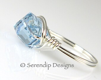 Sterling Silver Aquamarine Crystal Cube Ring Custom Argentium Silver Ring