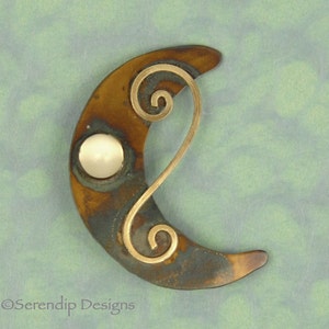 Crescent Moon Brooch with Moonstone, Patina Sterling Silver Moon Pin, Silver Moonstone with Gold Spirals, Celestial Brooch, OOAK