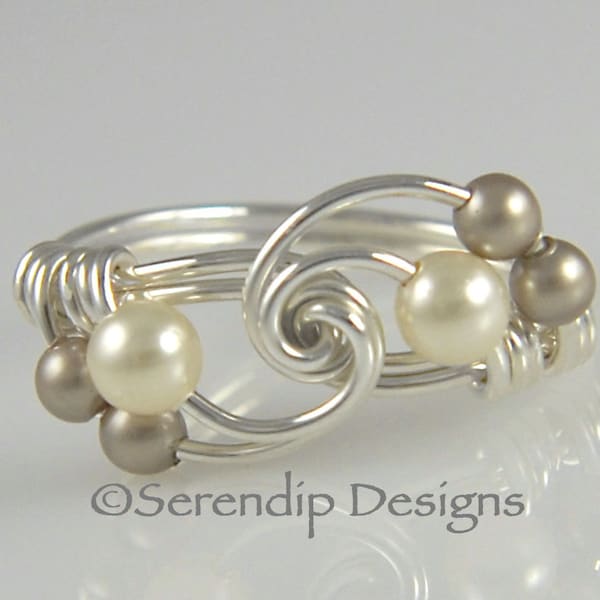 Wire Wrapped Silver Pearl Cluster Ring, Argentium Sterling Silver Swarovski Crystal Pearls, Cream and Platinum Twist Ring, Custom Pearl Ring