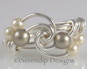 Sterling Silver Pearl Twist Ring in Platinum and Cream, Argentium Silver Swarovski Pearl Cluster Ring, Custom Silver Pearl Twist Ring