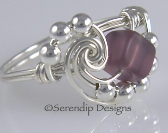 Silver Wire Wrapped Ring, Purple Beach Glass Ring, Argentium Sterling Silver Cube Ring, Galaxy Cluster Silver Ring