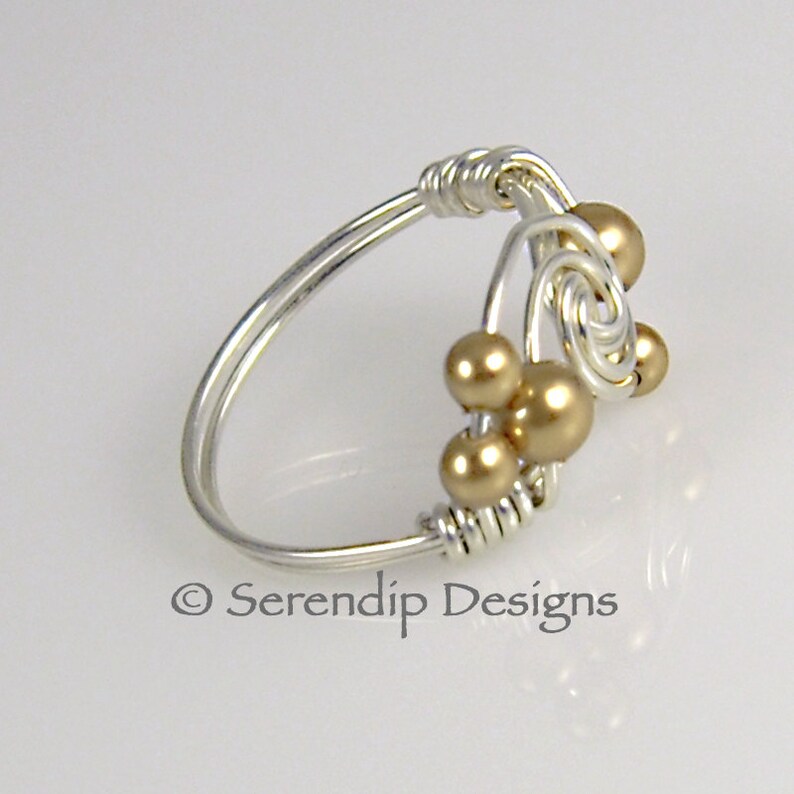 Silver Pearl Twist Ring, Argentium Sterling Silver Ring with Gold Pearl Clusters, Custom Silver Pearl Twist Ring, Multi Gold Pearl Ring image 4