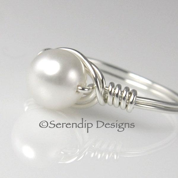 Wire Wrapped White Pearl Ring, Solitaire in Argentium Sterling Silver in Your Size, Custom White Pearl Ring, Silver Swarovski Pearl Ring