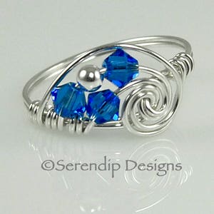 Silver Wrapped Sapphire Ring, Three Birthstone Ring, Mothers Ring, Family Ring,Argentium Sterling Silver and 3 Swarovski Crystals