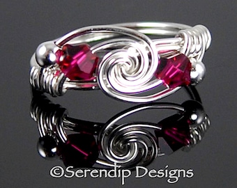 Wire Wrapped Sterling Silver Twist Ring, Swarovski Crystal Ruby Argentium Silver Ring, July Birthstone Ring