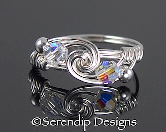 April Birthstone Ring,  Argentium Sterling Silver Twist Ring, Swarovski Crystal Silver Wire Ring