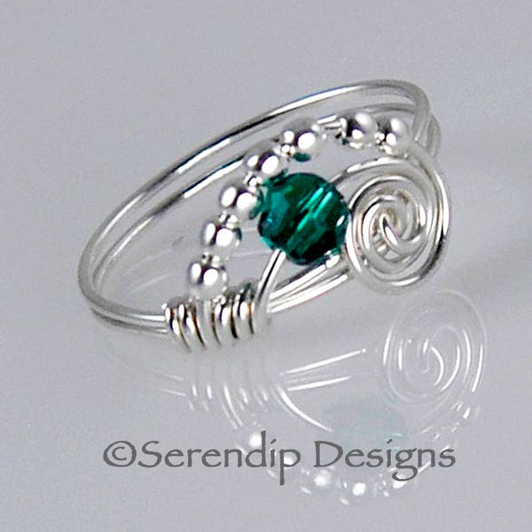 Petite December Birthstone Ring, Sterling Silver Argentium Wire Wrapped Ring with Swarovski Crystal Blue Zircon, Blue Zircon Ring