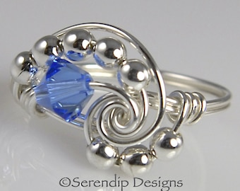 Wire Wrapped Ring, Argentium Sterling Silver Swarovski Sapphire Crystal Galaxy, September Birthstone Ring