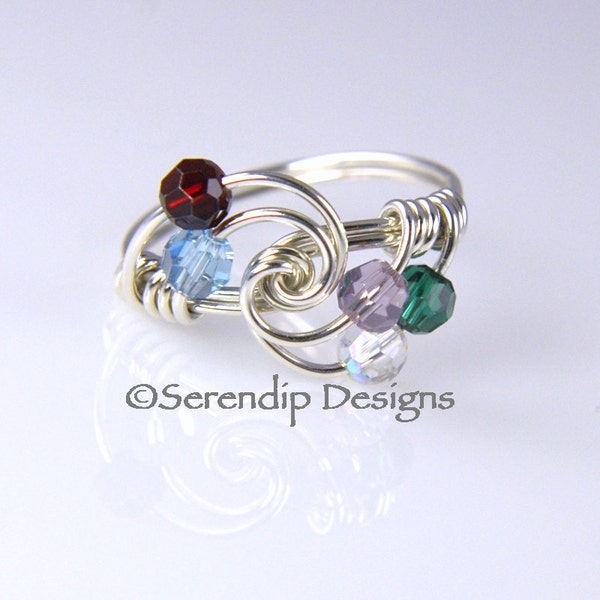 Mothers Birthstone Ring, Grandmothers Five Birthstone Ring, Argentium Sterling Silver and 5 Swarovski Birthstone Crystals mr5-4