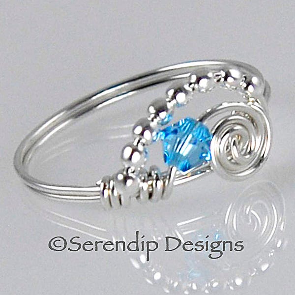 Petite March Birthstone Ring, Sterling Silver Argentium Wire Wrapped Ring with Aquamarine Swarovski Crystal, Birthstone Ring