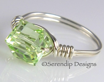 Silver Statement Ring, Swarovski Crystal Cube Ring, Pale Green Argentium Silver Ring