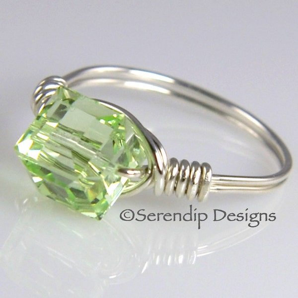 Silver Statement Ring, Swarovski Crystal Cube Ring, Pale Green Argentium Silver Ring