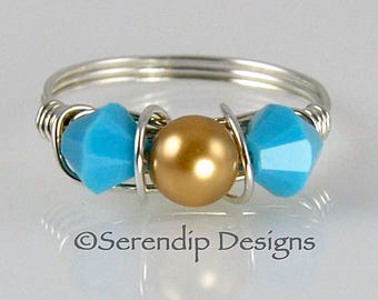 Silver Wrapped Crystal and Pearl Ring, Two Swarovski Crystals Surrounding a Swarovski Crystal Pearl, Gold Pearl with Turquoise Crystals