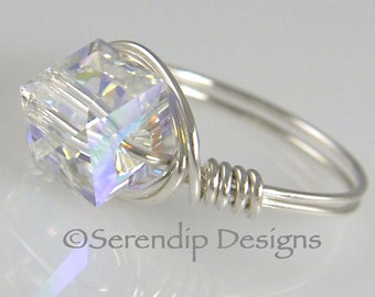 April Birthstone Ring, Argentium Sterling Silver Swarovski Crystal Cube Clear AB Ring, Diamond Statement Ring