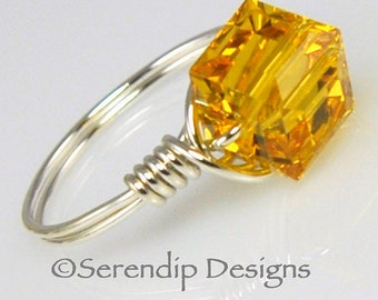 Sunflower Citrine Wire Wrapped Argentium Silver Ring, Swarovski Crystal Cube Ring, Statement Ring