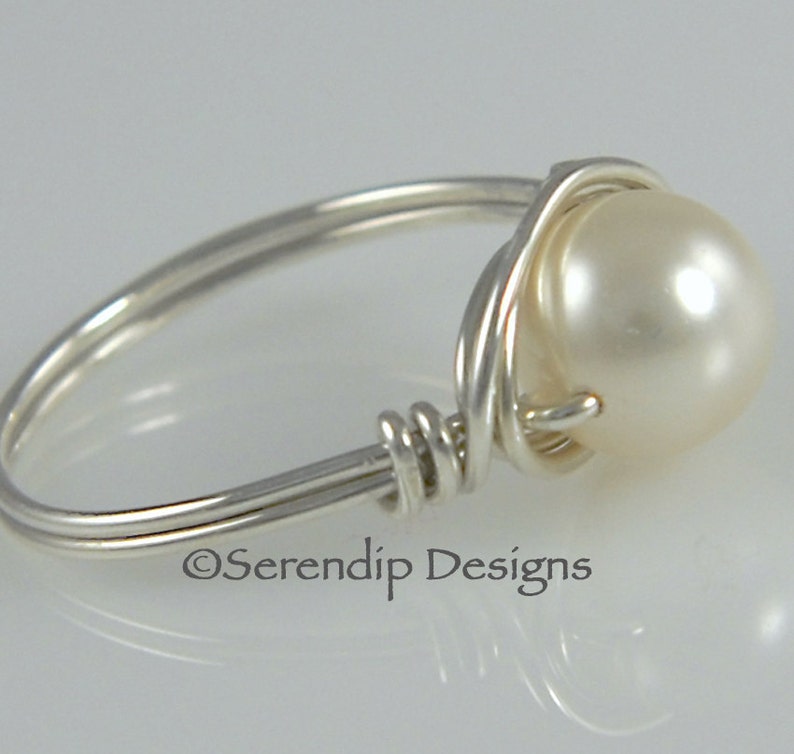 June Birthstone Pearl Ring, Cream Solitaire Argentium Sterling Silver Ring in Your Size, Custom Swarovski Pearl Ring, Silver Pearl Ring image 3