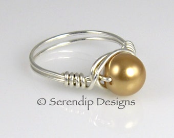 Silver Wire Wrapped Pearl Ring, Gold Solitaire Ring, Argentium Sterling Silver Gold Pearl Ring, Gold Swarovski Pearl Ring, Custom Size