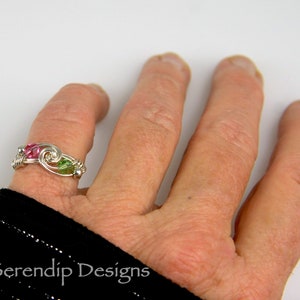 Couples Birthstone Ring, Argentium Sterling Silver Two Swarovski Crystal Wire Wrapped Mothers Ring, Couples Ring, Best Friends Ring image 6