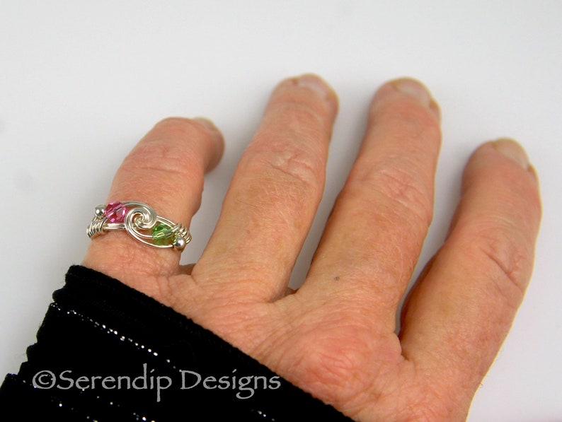 Couples Birthstone Ring, Argentium Sterling Silver Two Swarovski Crystal Wire Wrapped Mothers Ring, Couples Ring, Best Friends Ring image 6