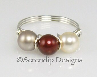 Silver Wrapped Wire Pearl Ring, Three Swarovski Pearls Platinum, Bordeaux, Cream Wrapped Ring, Argentium Sterling Silver 3 Pearl Ring