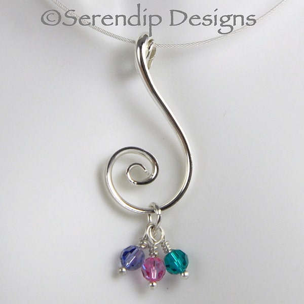 Argentium Silver Spiral Mothers Pendant with Three Swarovski Crystal Birthstone Dangles, 3 Birthstone Family Pendant, Grandmas Necklace SN7