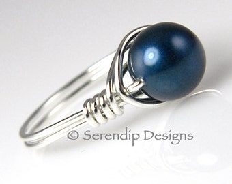 Sterling Silver Metallic Blue Pearl Ring, Argentium Silver Wire Wrapped Custom Dark Blue Pearl Ring, Silver Pearl Solitaire Ring