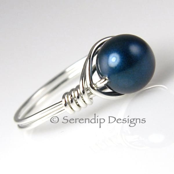 Sterling Silver Metallic Blue Pearl Ring, Argentium Silver Wire Wrapped Custom Dark Blue Pearl Ring, Silver Pearl Solitaire Ring