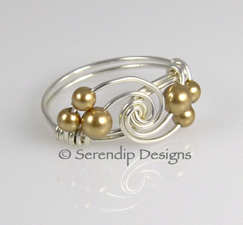 Silver Pearl Twist Ring, Argentium Sterling Silver Ring with Gold Pearl Clusters, Custom Silver Pearl Twist Ring, Multi Gold Pearl Ring image 2