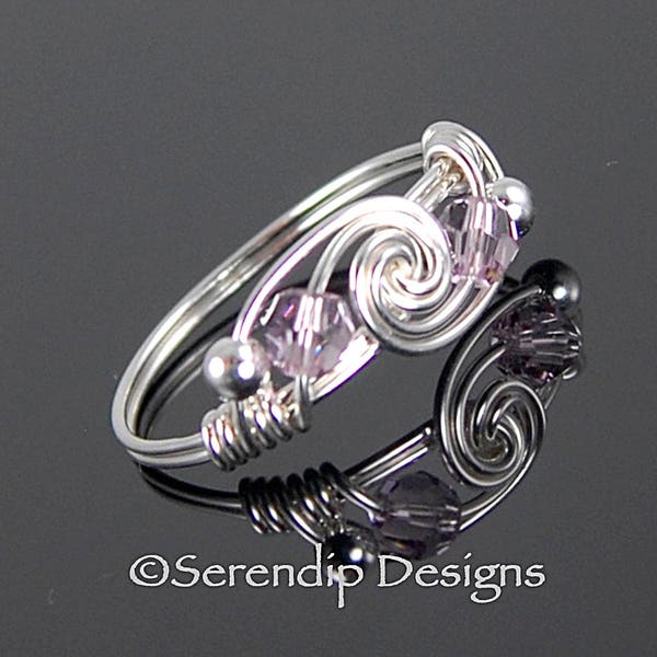 June Birthstone Ring, Sterling Silver Twist with Alexandrite Swarovski Crystals, Argentium Silver Ring