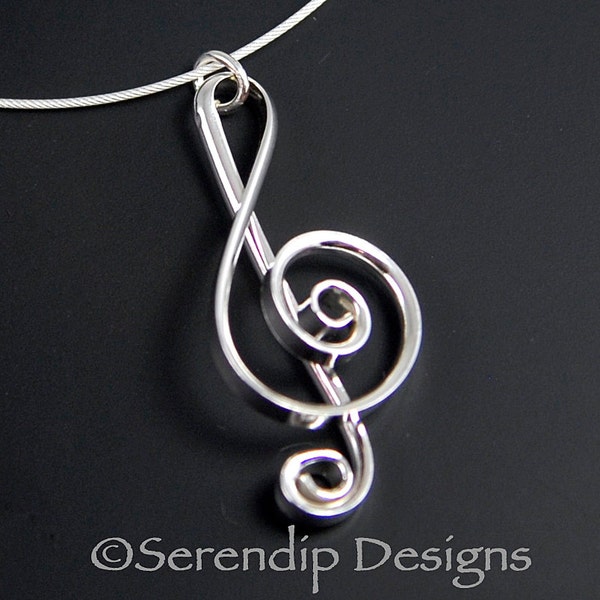 Argentium Silver Treble Clef Pendant, Larger Silver Music Necklace, Shiny Sterling Silver Treble Clef Necklace SN16