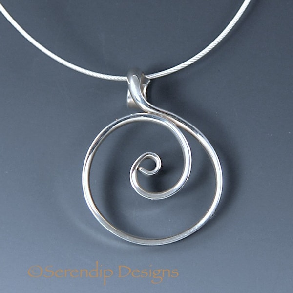 Argentium Sterling Circle Pendant, Shiny Silver Spiral Circle Necklace, Crashing Wave Necklace, Zen Pendant SN61