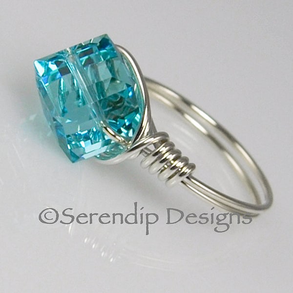 Argentium Sterling Silver Light Turquoise Crystal Cube Ring, Swarovski Crystal Cube Statement Ring in Your Size