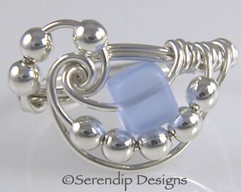 Wire Wrapped Ring, Argentium Sterling Silver Sky Blue Beach Glass Cube, Silver Galaxy Ring