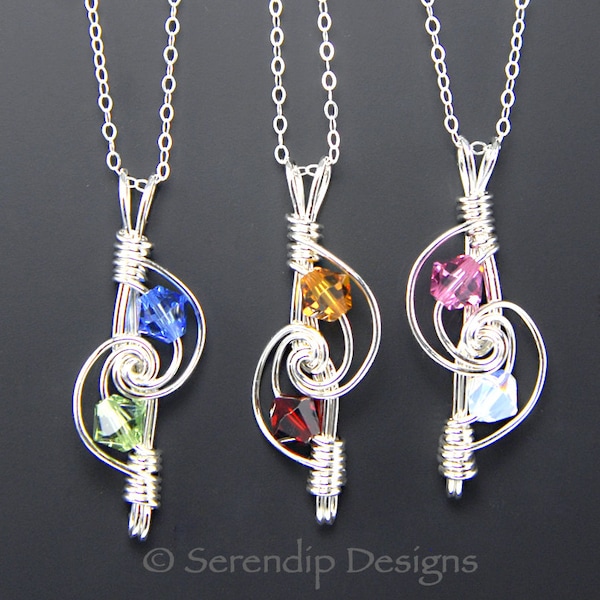 Mothers Necklace, Couples Pendant, Argentium Sterling Silver and Two Birthstone Crystals, Custom Necklace MP2-6