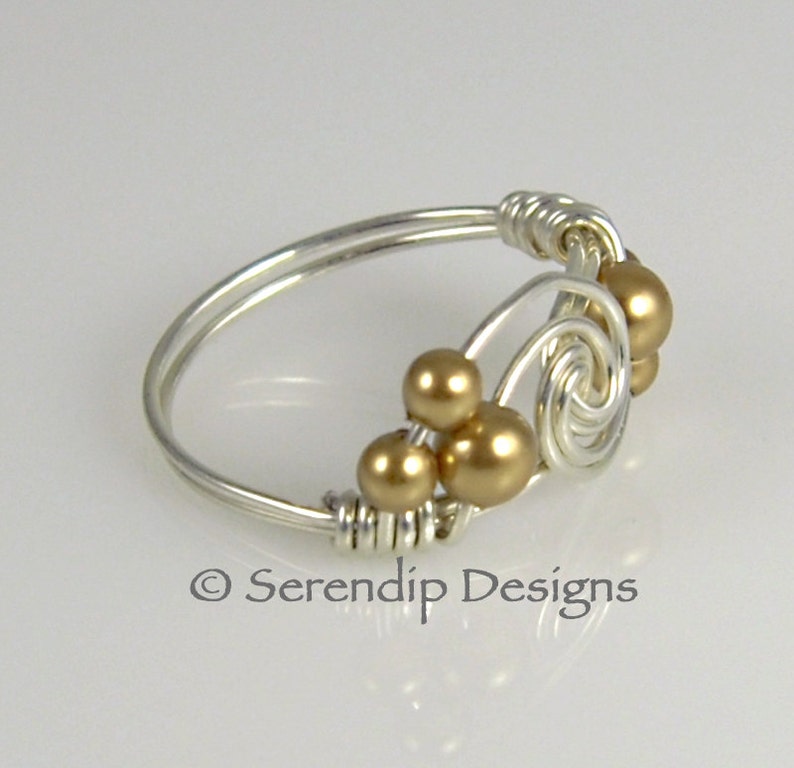 Silver Pearl Twist Ring, Argentium Sterling Silver Ring with Gold Pearl Clusters, Custom Silver Pearl Twist Ring, Multi Gold Pearl Ring image 3