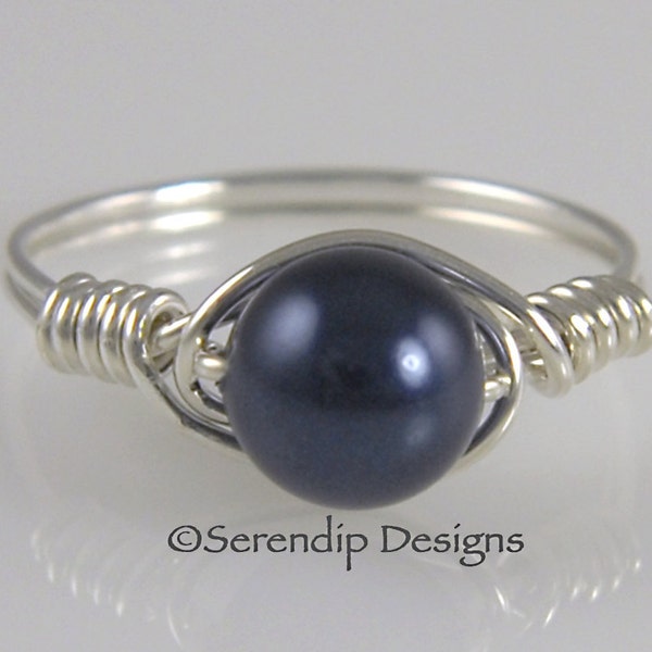 Midnight Blue Pearl Ring, Wire Wrapped Argentium Sterling Silver Deep Blue Swarovski Pearl Ring, Silver Pearl June Birthstone Ring
