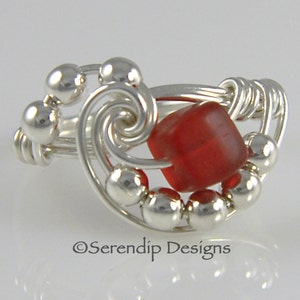 Wire Wrapped Ring, Sterling Silver Red Beach Glass Cube, Galaxy Argentium Silver RIng
