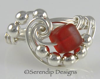 Wire Wrapped Ring, Sterling Silver Red Beach Glass Cube, Galaxy Argentium Silver RIng