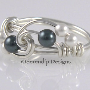 Sterling Silber Perle Twist Ring, Tahiti und weiße Perle Cluster-Ring, benutzerdefinierte Draht gewickelt Argentium Silber Perle Ring