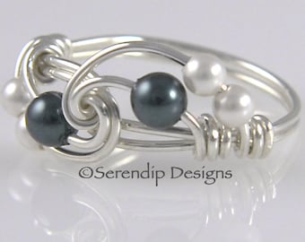 Sterling Silver Pearl Twist Ring, Tahitian and White Pearl Cluster Ring, Custom Wire Wrapped Argentium Silver Pearl Ring