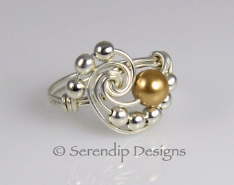 Sterling Silver and Gold Swarovski Pearl Galaxy Custom Wire Wrapped Ring, Argentium Silver Ring