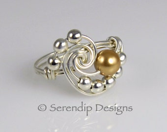 Juni Birthstone Aussagering, Sterling Silber und Gold Swarovski Perle Galaxy Ring, kundenspezifische Draht gewickelt Argentium Silber Ring