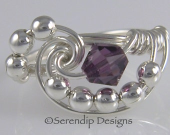 February Birthstone Ring, Wire Wrapped Argentium Sterling Silver Swarovski Amethyst Crystal Galaxy Ring