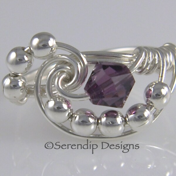 February Birthstone Ring, Wire Wrapped Sterling Silver Swarovski Amethyst Crystal Galaxy Ring, Argentium Silver Wire Ring